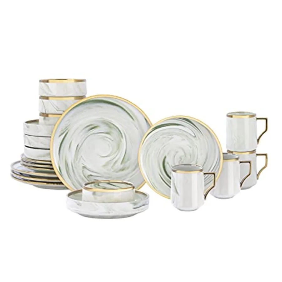 

Обеденный сервиз Fine China Artisan Marbled, 20 предметов, зеленый и золотой