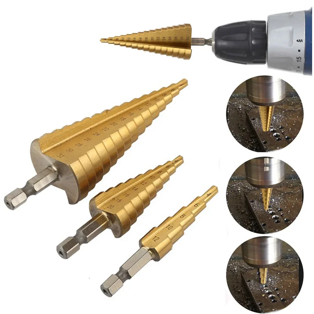 4Size HSS Titanium Coated Step Drill Bit Drilling Power Tools for Metal High Speed Steel Wood Hole Cutter Cone Drill