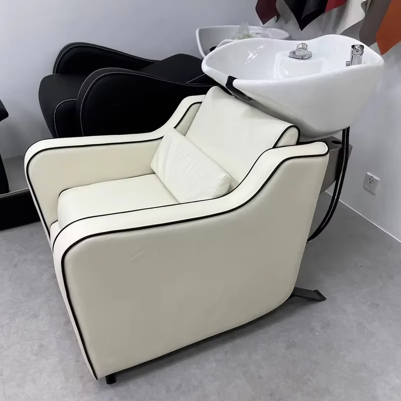 Modern Barbershop Furniture White Washing Chair Luxury Reclining Head Treatment Shampoo Chair with Ceramic Basin