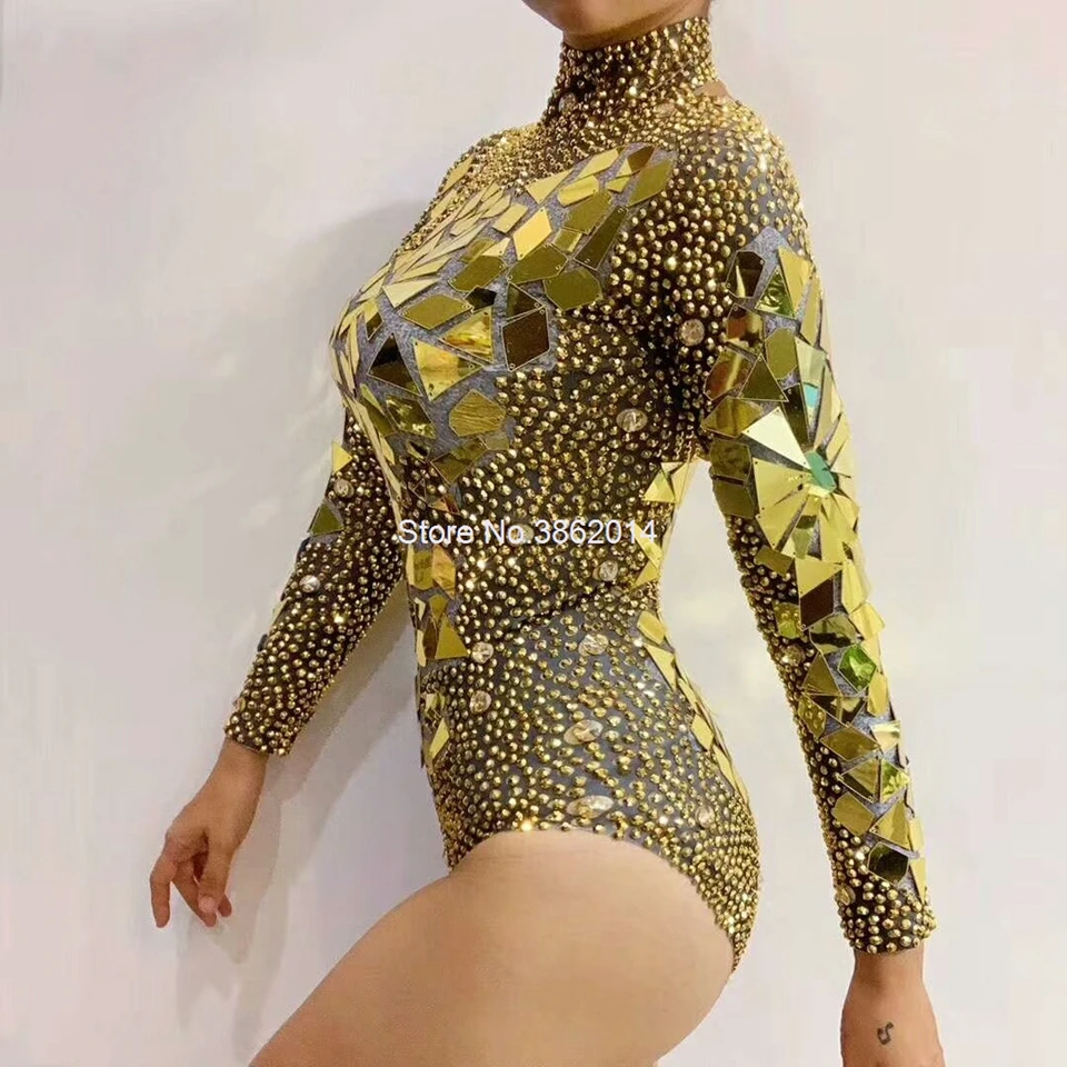 Sparkly Silver Rhinestones Mirrors Leotard Women's Birthday Party Outfit Dance Costume DS Bar Show Bodysuit Performance Costume