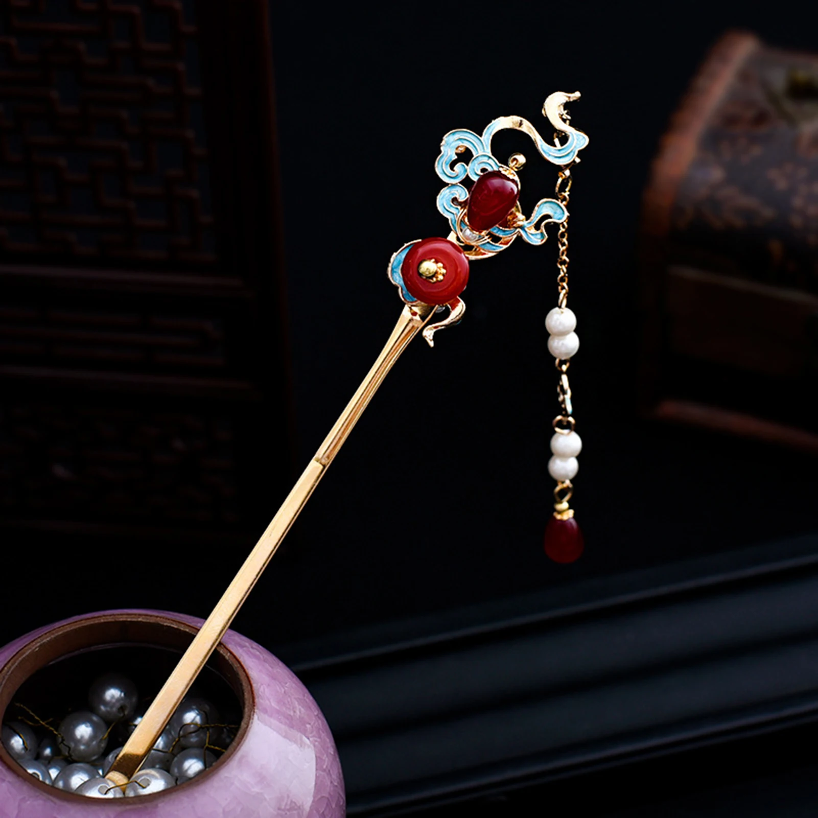 Luxury Hairpin Chinese Hair Stick Metal Ethnic Style Tassel Hairpin Fork Blue Crystal Hair Bun Jewelry Vintage Hanfu Tiaras Gift