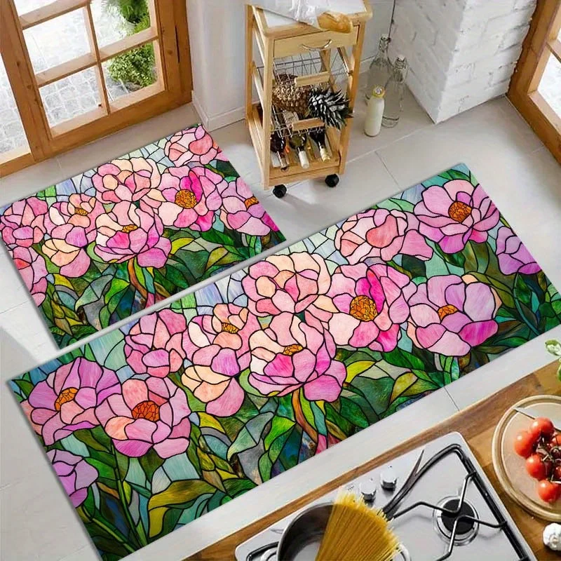 

Drawn Style Pink Floral Pattern Bathroom Non-silp Doormat for Livingroom Entrance Decorative Accessories Pad Kitchen Bedroom Rug