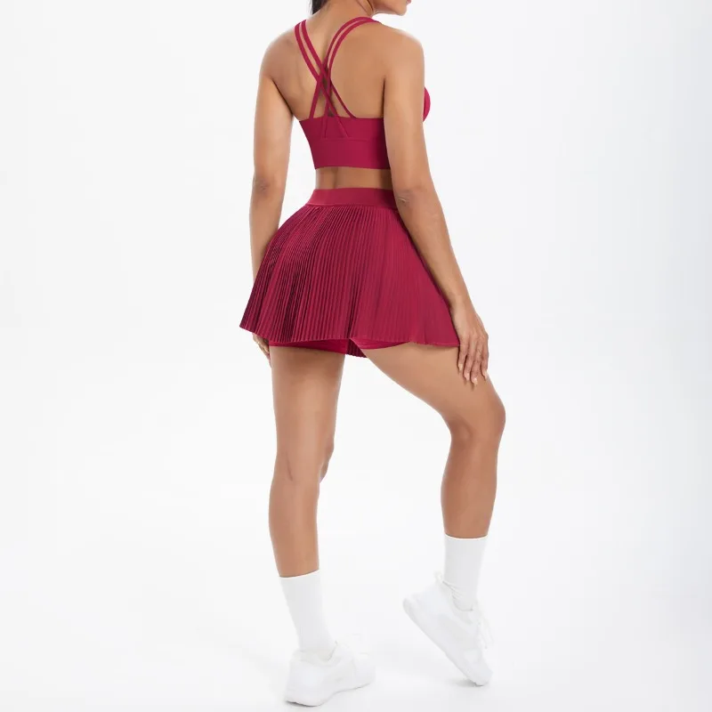 

2 Piece Solid Color Yoga Set for Women Brushed Cross Back Bra Short Skirt Gym Running Outfit Suit