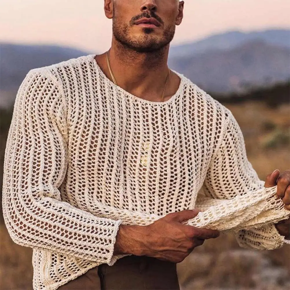 Men Mesh Top See Through Long Sleeves Round Neck Hollow-out Sexy Men Bottoming Shirt Knitted Mesh Top Clothing for Male