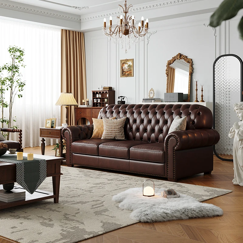 

Three-person straight-row sofa, French living room retro knight sofa size apartment sofa