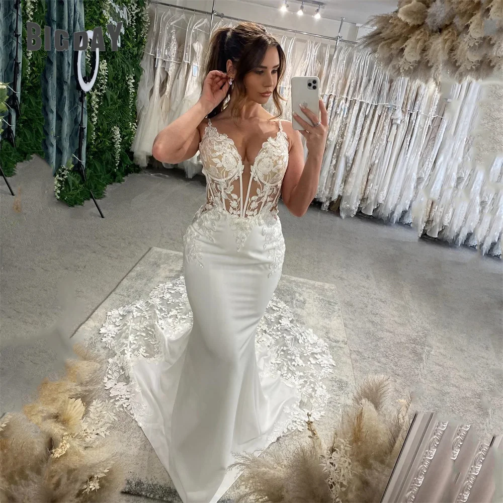 

Exquisite Lace Mermaid Wedding Dress 2025 V-Neck Spaghetti Strapless Open Back Applique Bridal Gown Vestido De Noiva Customized