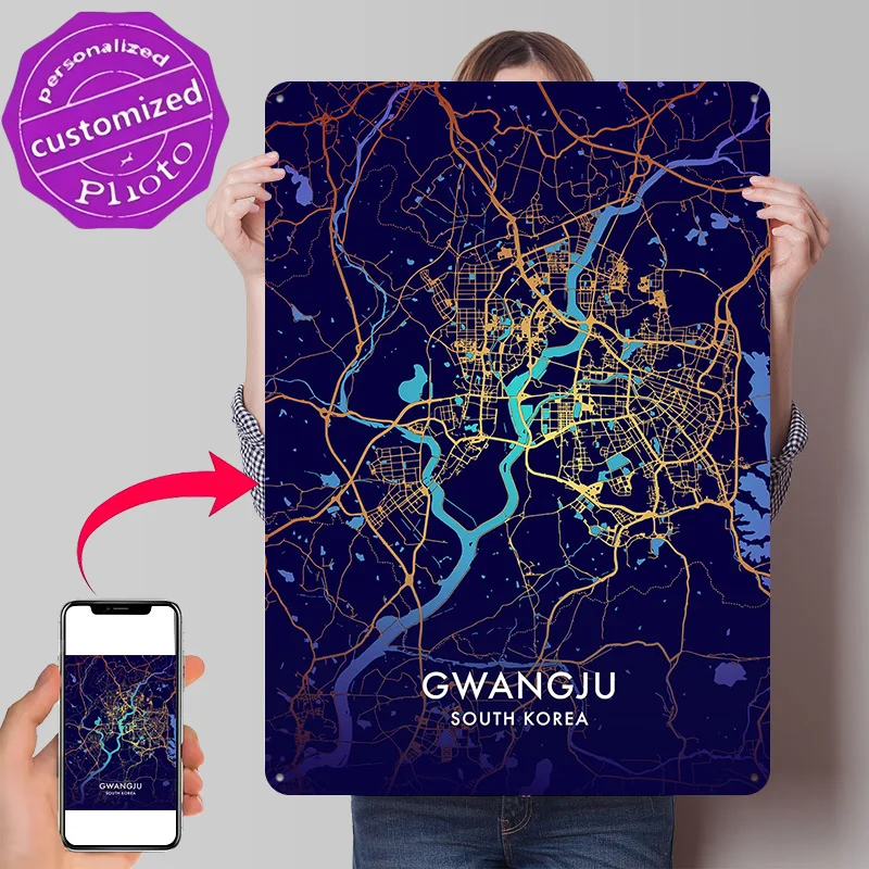 Gwangju City Map 3D Texture Metal Poster Customized Wall Art Tin Sign Gift for Mancave Office Decor Room Funny Signs Wand Deko