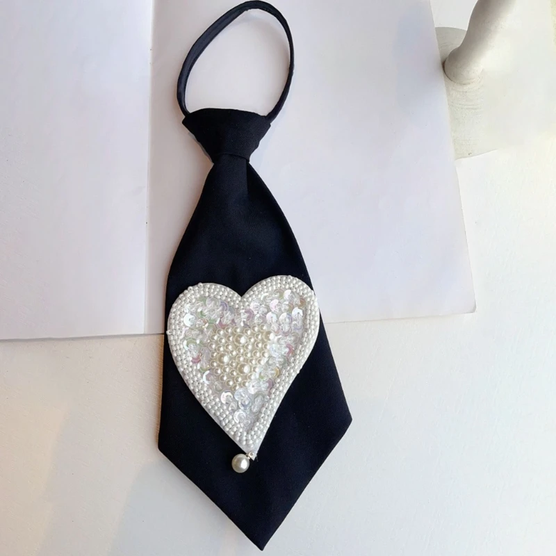 

Women Embroidery Heart Pretied Small Tie Adjusted Sequins Pearl Beading Jewelry Black Necktie Uniform Bowtie Collar X4YC