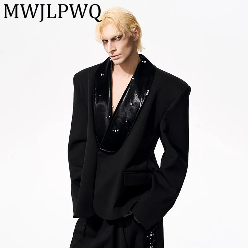 

MWJLPWQ PU Leather Patchwork Collar Black Blazer Men's Autumn High-End High Street Shoulder Pad Suit Tops 2025 New Trendy 12132
