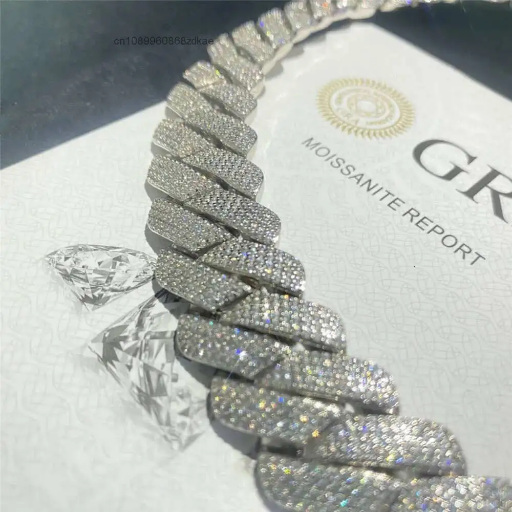 Luxury Heavy Miami Cuban Chain Bling Round Diamond Cuban Link Chain Sterling Silver S925 d Color Vvs Moissanite Fashion Cuban Ne