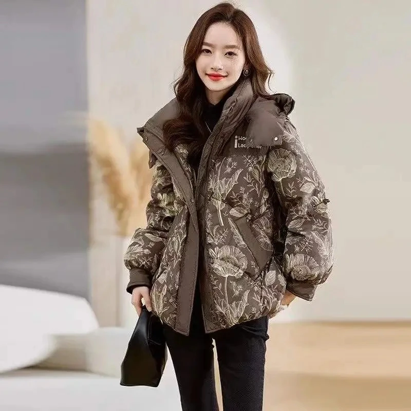 Mulheres com capuz solto parkas longo impressão acolchoado casacos para baixo jaqueta de algodão, feminino engrossar outerwear roupas de inverno