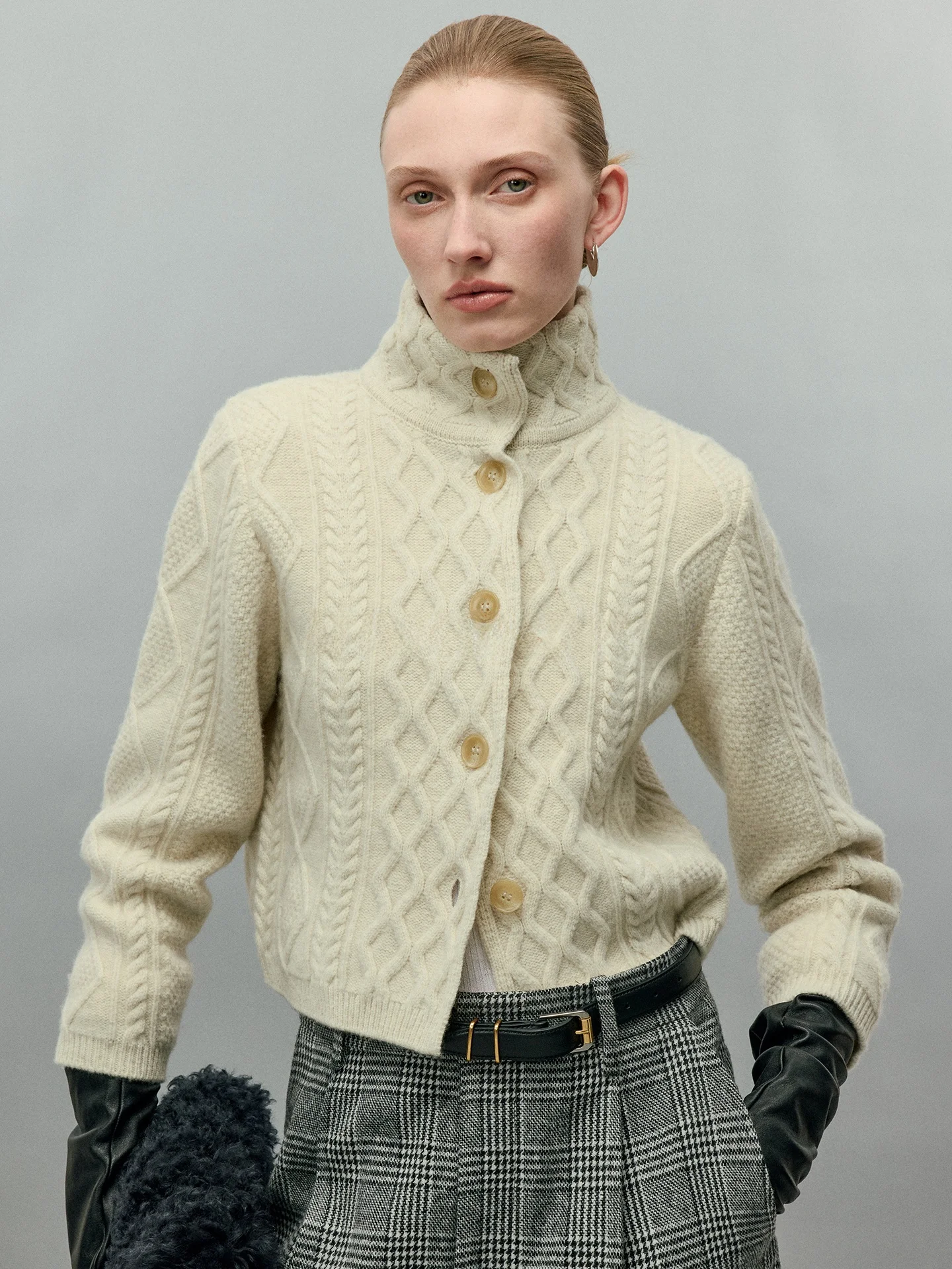 

CHANDOOIVY Вязаный кардиган с высоким воротником, шерстяной, с текстурой кашемира, длинный рукав, женский, на пуговицах, зимний, модный