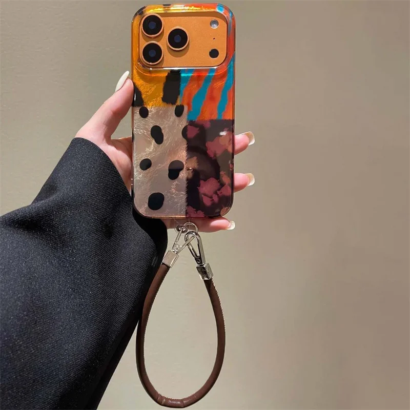 Vortex Pattern IND Splicing Zebra Pattern Phone Case with Hanging Rope for iPhone 11 12 13 14 15 16 17 Pro Max