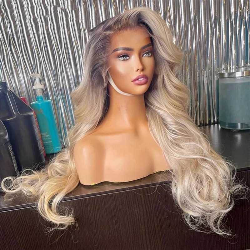 Ombre Platinum abu pirang berwarna gelombang tubuh 13X4 HD transparan renda depan Wig rambut manusia Wig Frontal Remy Brasil dijual