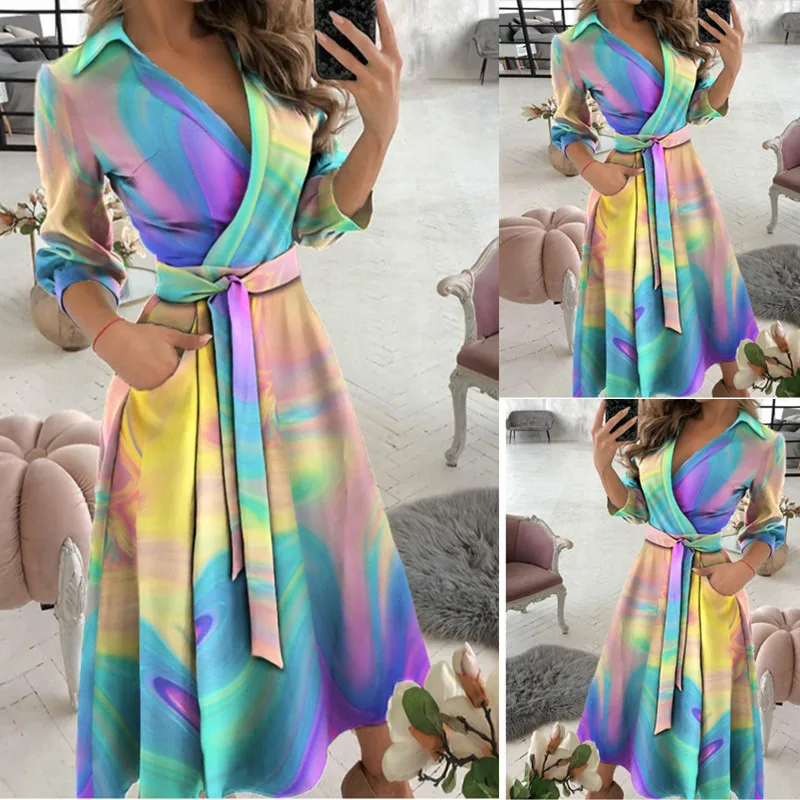 Spring/summer Fashion Long Sleeve V-neck Printed Hip Dress Women's