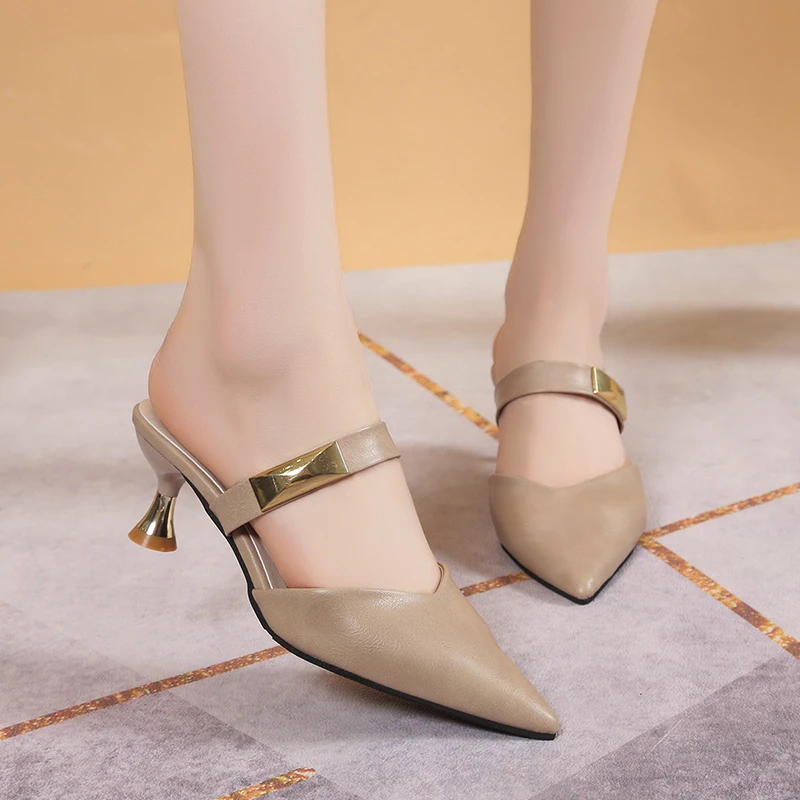 Size 35-42 New Women Heels Golden Rivet Pointed Toe Summer Elegant Women\'s Sandals Fashion Beige Ladies Casual Mid Heels Sandals