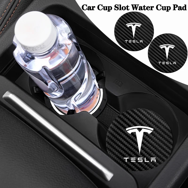 For 2Pcs Water Cup Mats Car Logo Leather Mats Noise Reduction Tesla Model 3 Y S X Cybertruck Juguete Roadster Coil Bonina view 2
