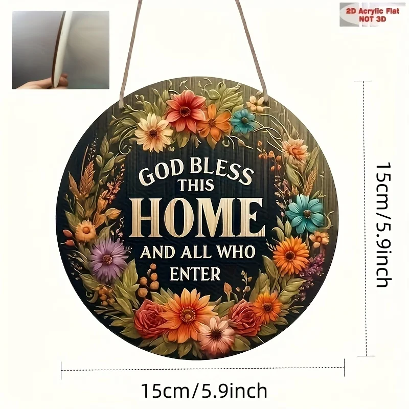 2D Flat, God Bless This Home Wreath Wooden Welcome Sign - 2D Flat Print, 5.9-Inch Round, Perfect for Summer/Spring and All Seaso