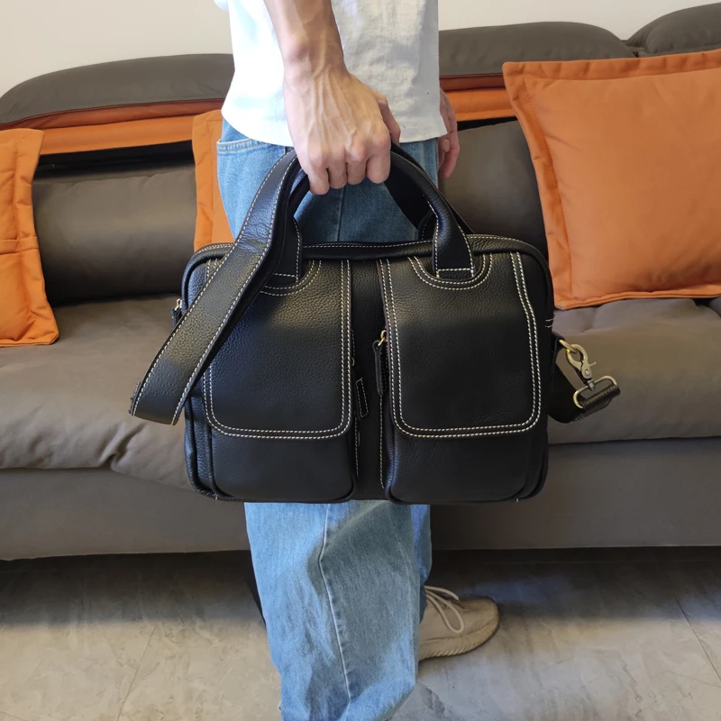 PNDME カジュアル ハンドメイド ソフト 本革 メンズ ブリーフケース 旅行 通勤 高級 牛革 ハンドバッグ ブラック メッセンジャーバッグ