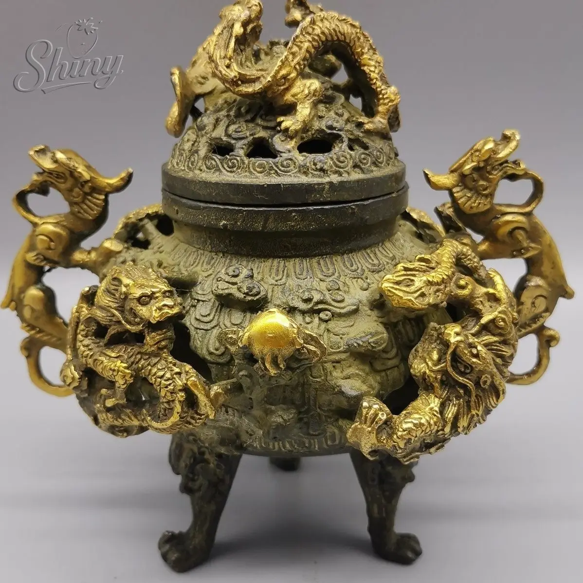 Old Collectable Ancient Bronze 9 Dragons Inlaid Tripod Incense Burners Statues