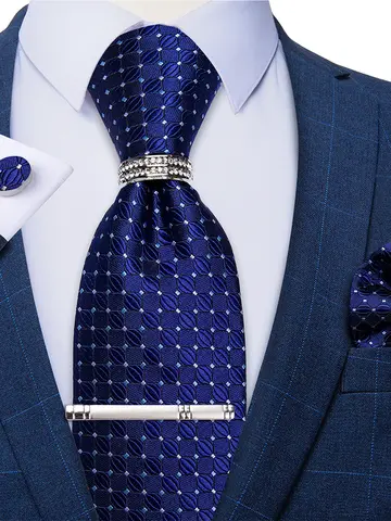 Blue Royal Dot Pliad Mens Tie set with Silver Clip and Ring Business Wedding Party Accessories 8cm Necktie Handkerchief Cufflink