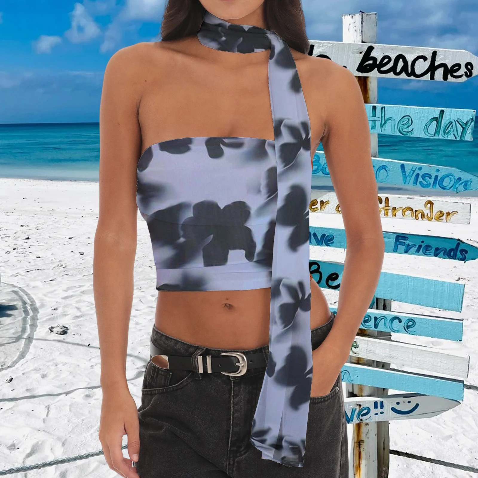 Mujeres y2k Coquette Sexy sin mangas Tops de tubo sin tirantes con bufanda sólido/Leoprad Slim Fit Crop Bandeau Tank Tops Streetwear