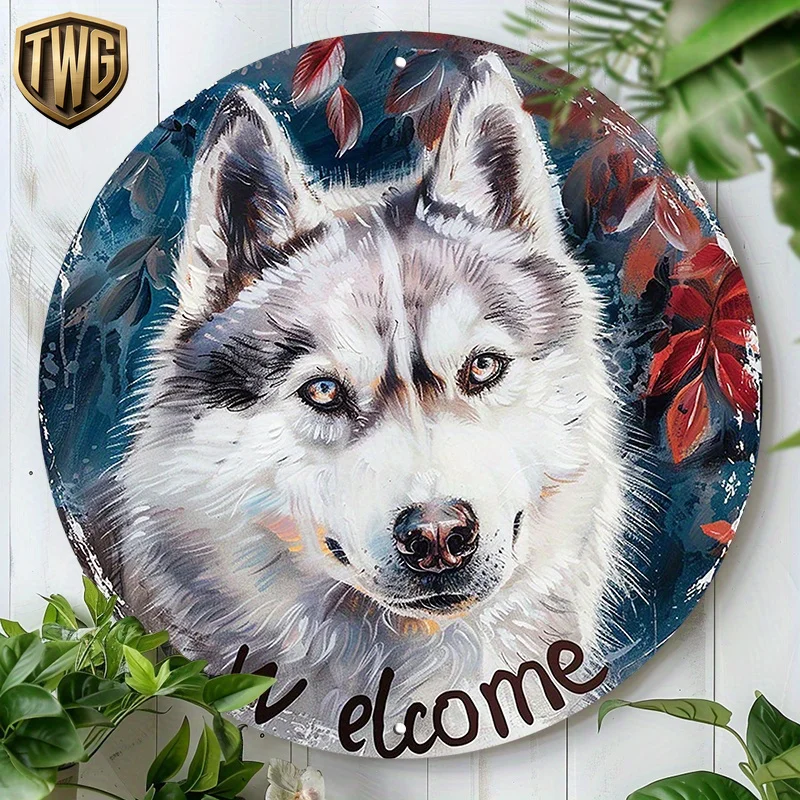 2D Flat, 1pc Husky Dog Welcome Sign - Round Aluminum Wall-Mounted Retro Husky Art with Autumn Foliage Background, Scratch & UV R