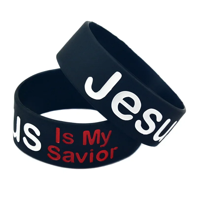 25 Pcs Black One Inch Wide Band Jesus is My Savior Silicone Bracelet Faith Theme Rubber Bangle