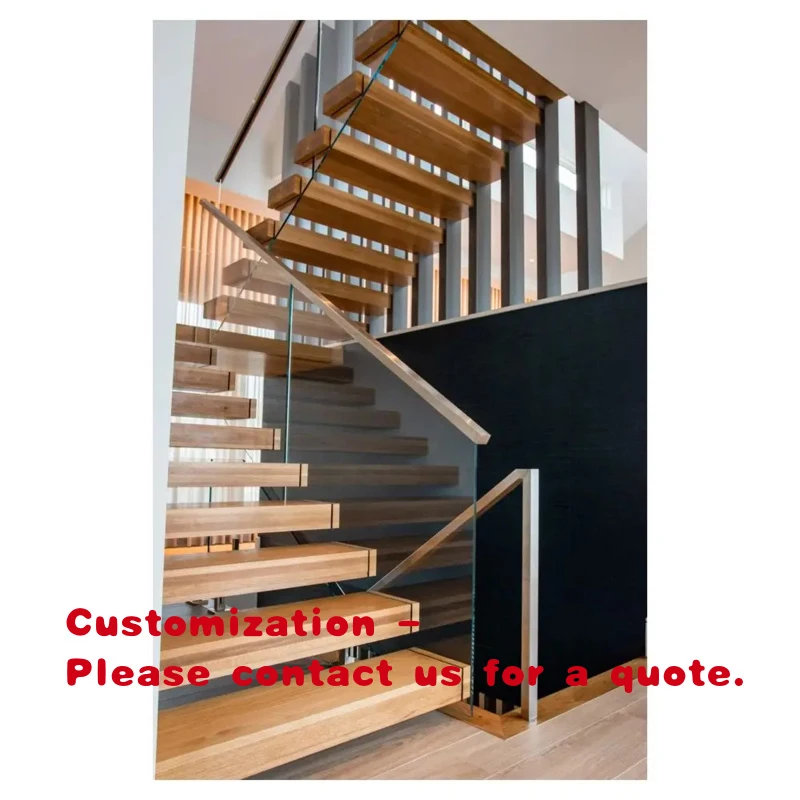 custom.Modern Straight Floating Staircase with Wooden Steps and Decorative Beam Staircase Home Use