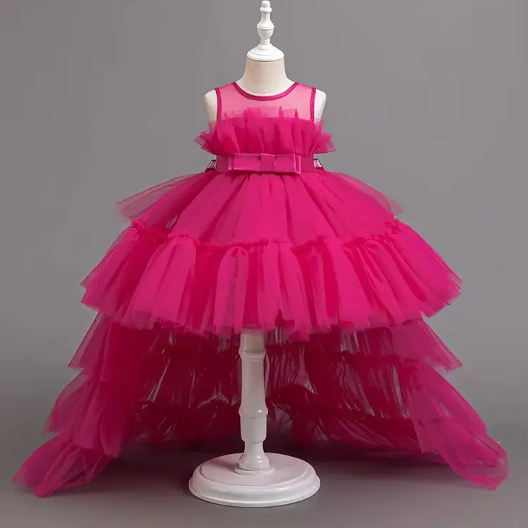 Baby Girl Tulle Trailing PinkKid's Party Formal Evening Dresses Elegant  Toddler 1st Birthday Party Princess  First Communion Go