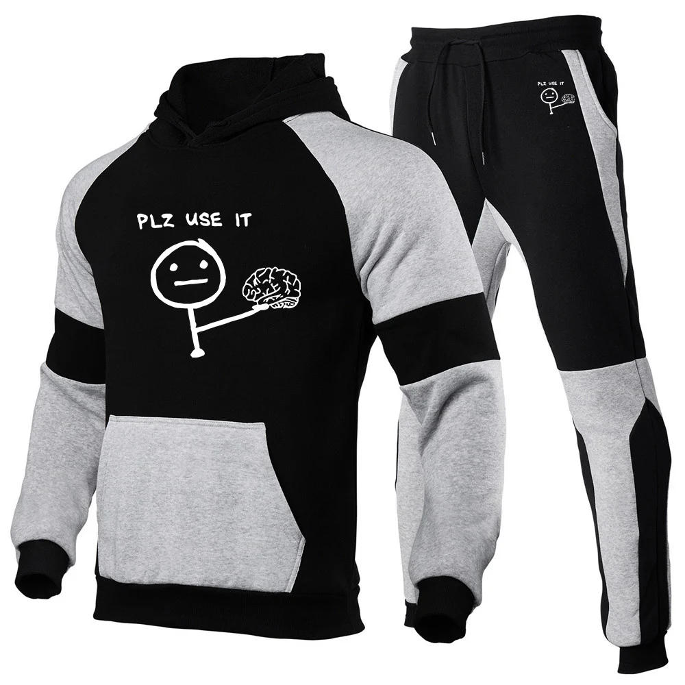 2025 PLZ USE IT Funny Spring And Autumn Popular New Men's Patchwork Casual Hoodie + Trouser Harajuku Fashion Suit