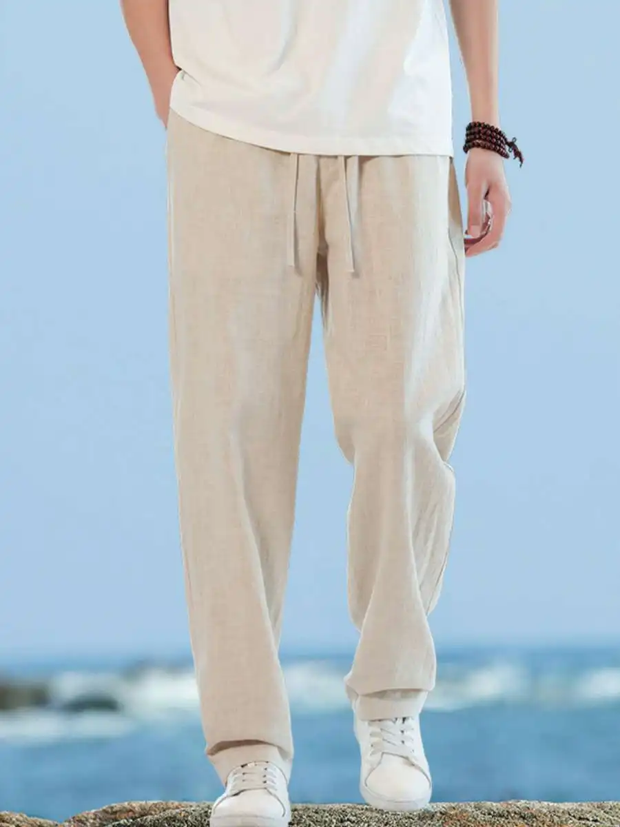 High Quali Linen Wide Leg Pants Men's Summer Loose Straight Cut Trousers mat Casual Cotton Linen Trousers
