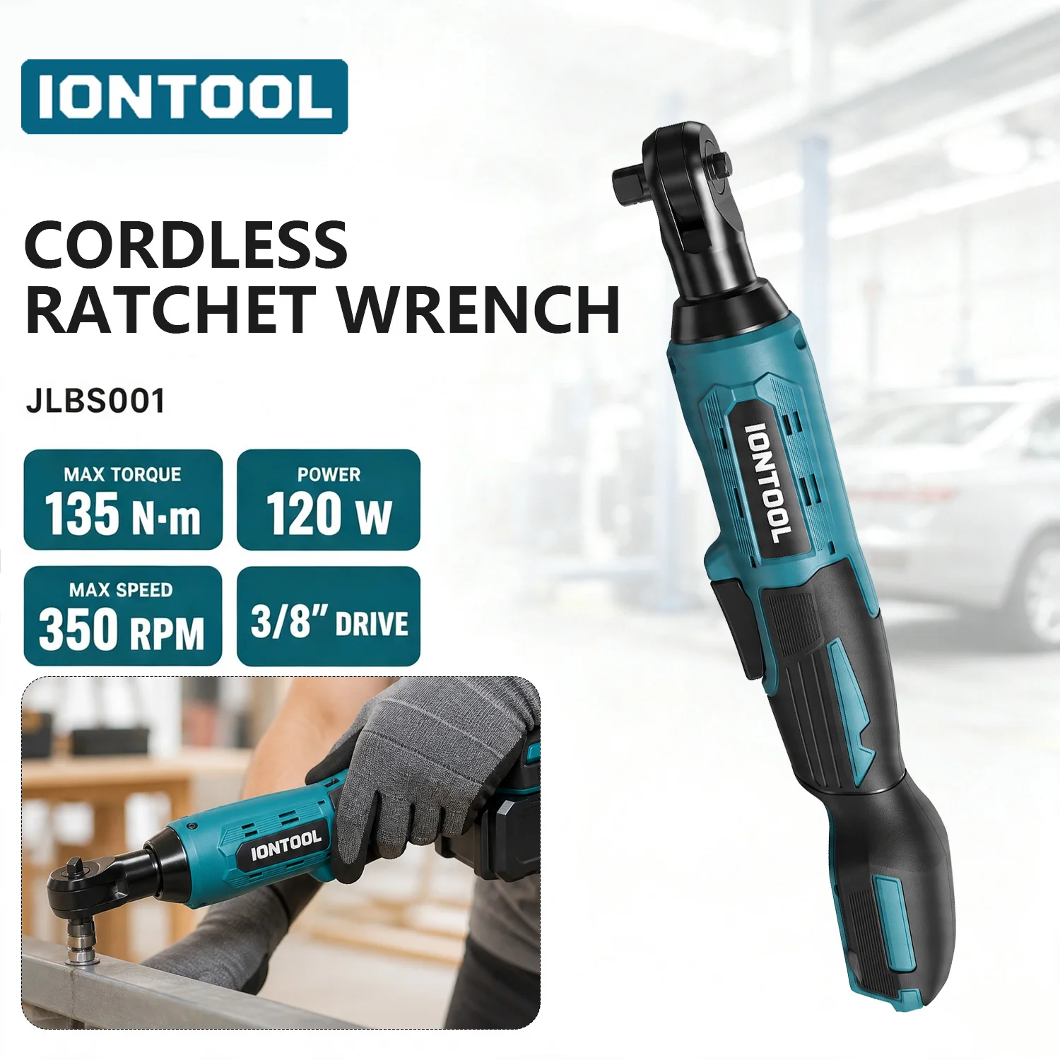 IONTOOL 3/8 Inch 135N Cordless Ratchet Wrench 350RPM Right Angle Design for Workshop Mechanics and DIY Enthusiasts Tool Only