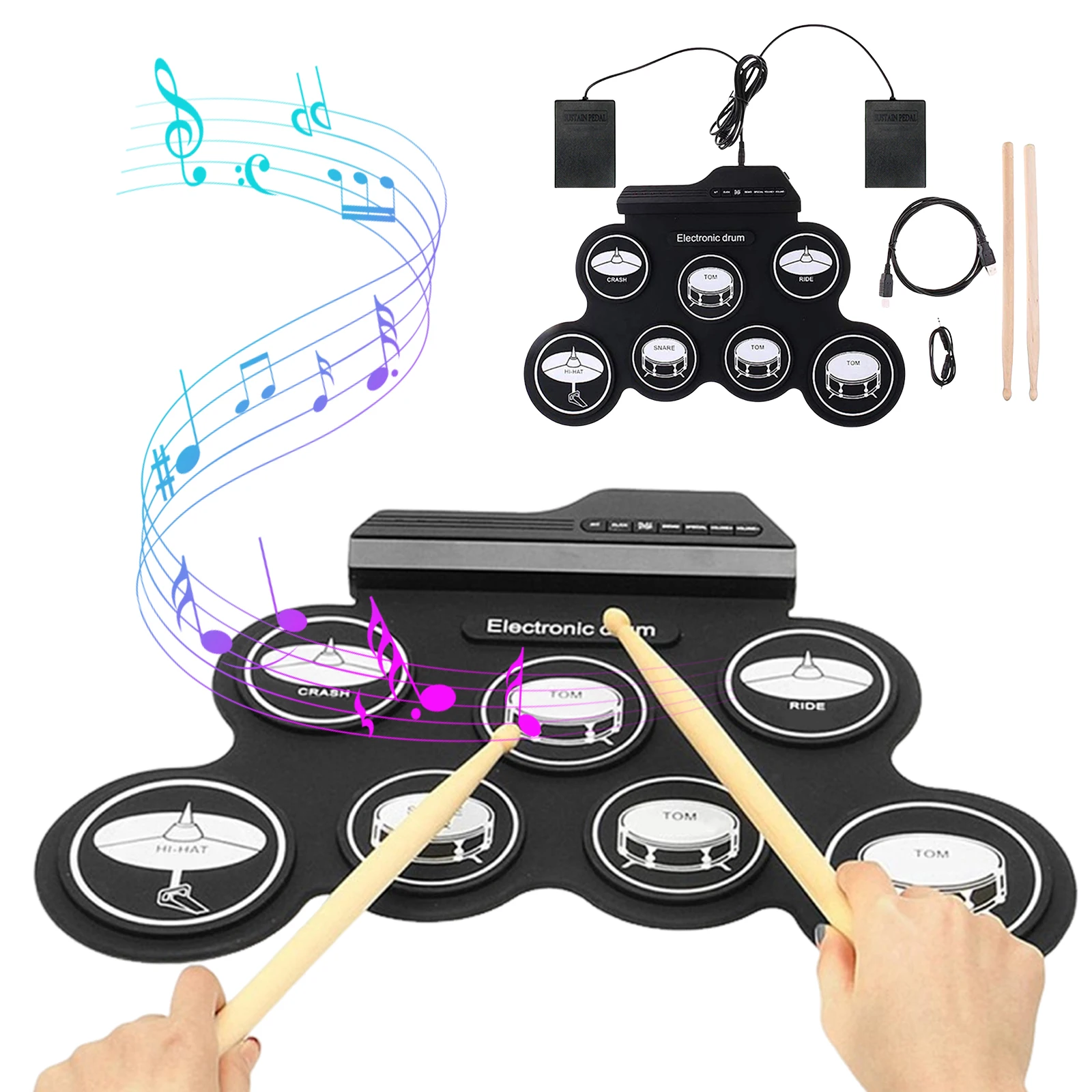 Hand Roll Drum Set with Drumsticks Flexible Roll-Up Drums Kit Portable Musical Drums Pad for Adult & Kids Beginner Instrument