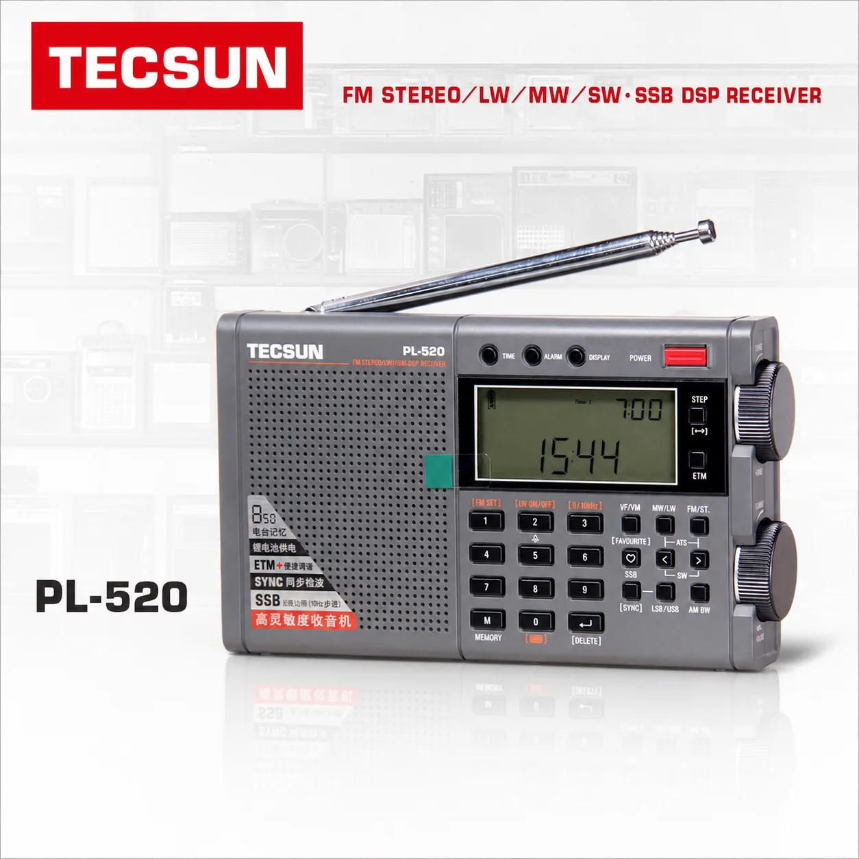 Tecsun PL520 Portable Radio FM Stereo LW MW SW SSB Full Band DSP Receiver Indoor Desktop Radio Type-C 850 Memory Presets