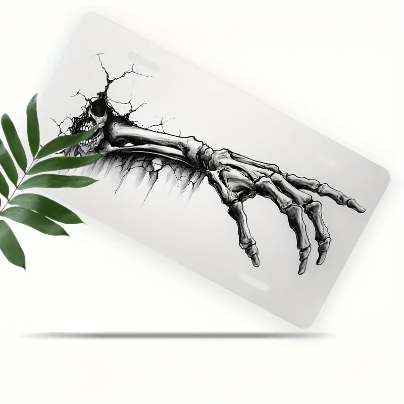 2D Flat - [Open ]2D Flat, 1pc 2D Flat Posters Skull Hand Breaking Through License Plate Frame, Men/Women/Boys/Girls 15.24X30.48
