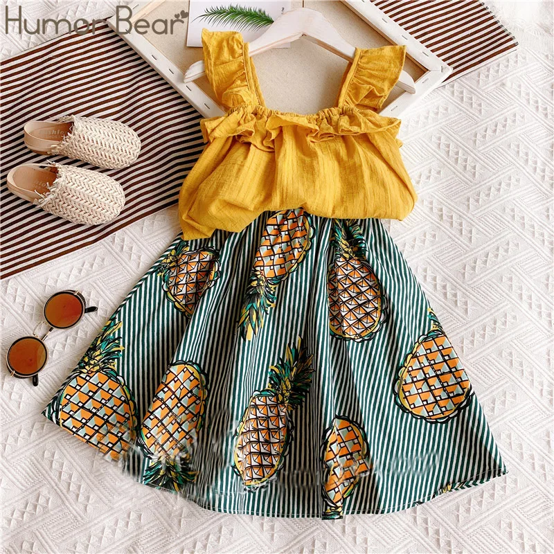 Humor Bear Girls Clothing Set Summer Sleeveless T-shirt+Striped Fruit Skirt Kids Suit Toddler Cute Kids Clothes