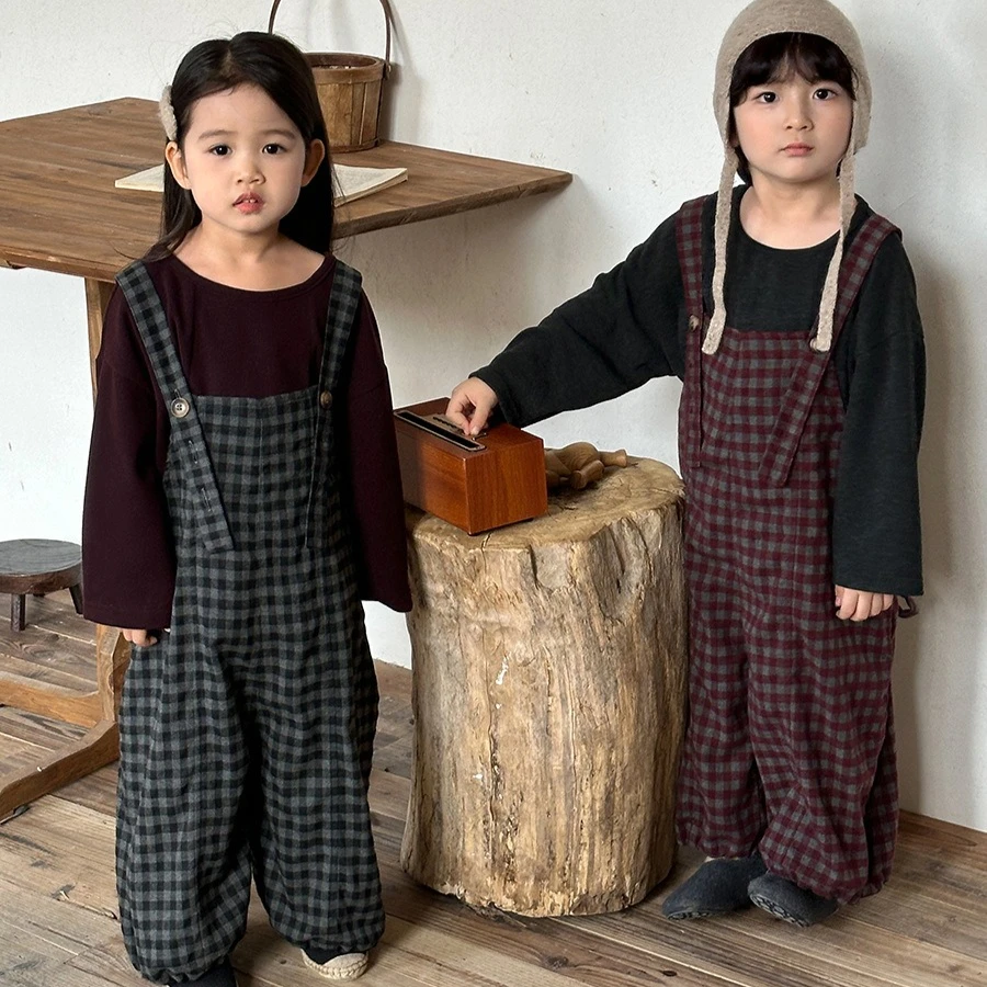 

2025 Autumn New plaid Overalls for Kids Boys Girls Vintage Wide Leg Pants Toddler 2-10 Years Retro Style Casual Outfit
