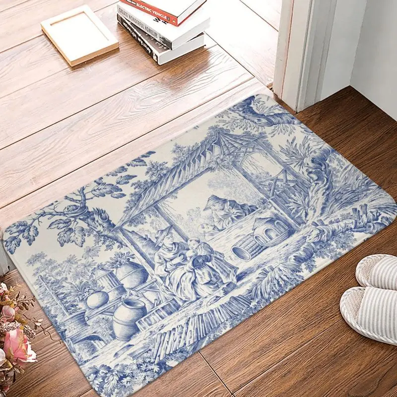 Vintage Classic French Toile De Jouy Navy Blue Motif Pattern Front Floor Door Entrance Mats Outdoor Doormat Room Carpet Rug