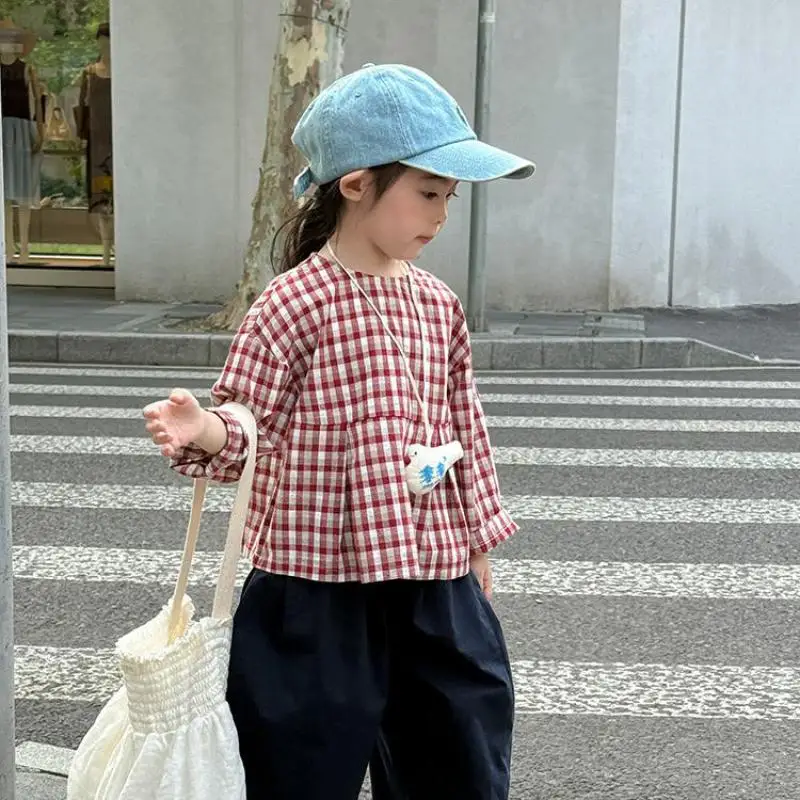 2025 Autumn New Children Long Sleeve Shirts Cotton Girls Vintage Plaid Shirts Baby Loose O-neck Blouse Kids Clothes