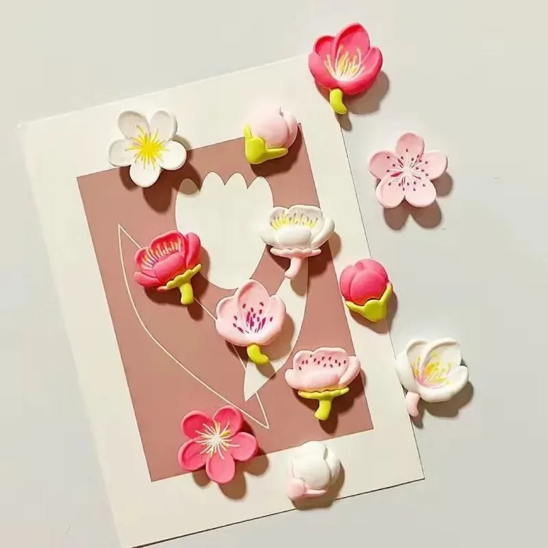 12pcs Fridge Magnet Pink Flower Resin Decorative Refrigerator Magnets Creative Whiteboard Cartoon Magnetic Personalized Sticker