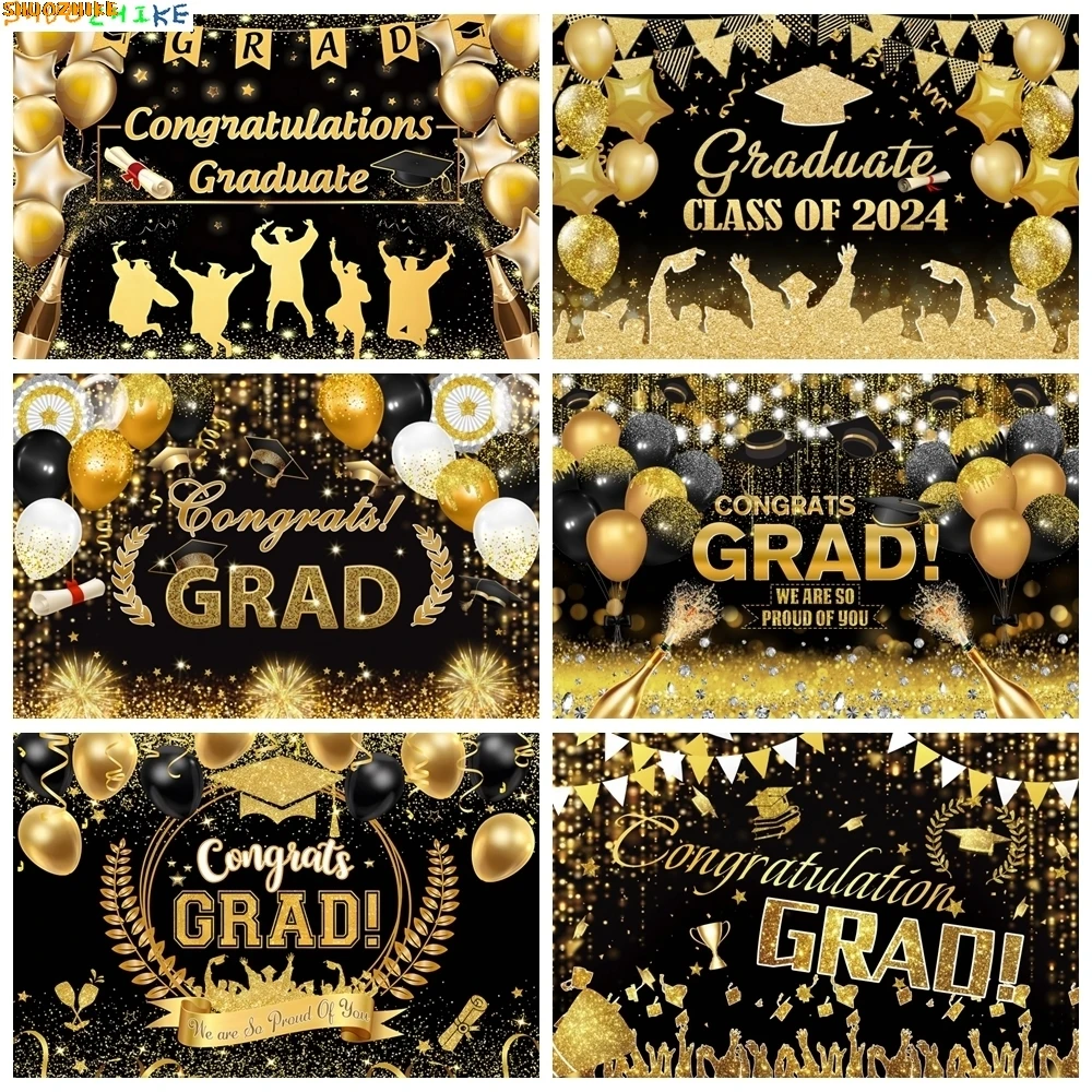 

2024 Graduation Backdrop for Photography Gold Glitter Balloon Bachelor Caps Class of 2024 Congrats Grad Party Background Banner
