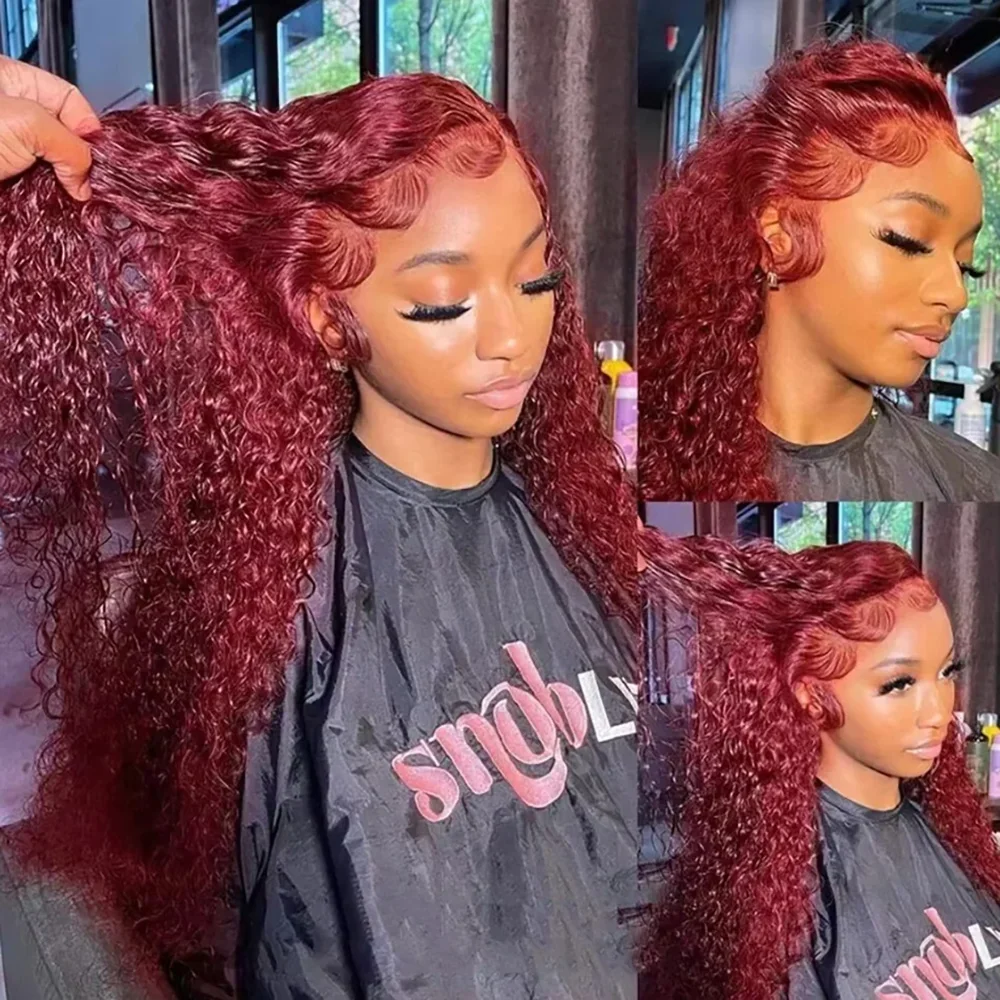 99J Burgundy Wine Red Deep Wave Brazilian Remy Human Hair Wig 200 Density Extra Long 13x6 HD Transparent Lace Frontal Wig Pre Plucked With Baby Hair Glueless Soft Real Hair Styling Wig Daily Party Wear For Black Women
