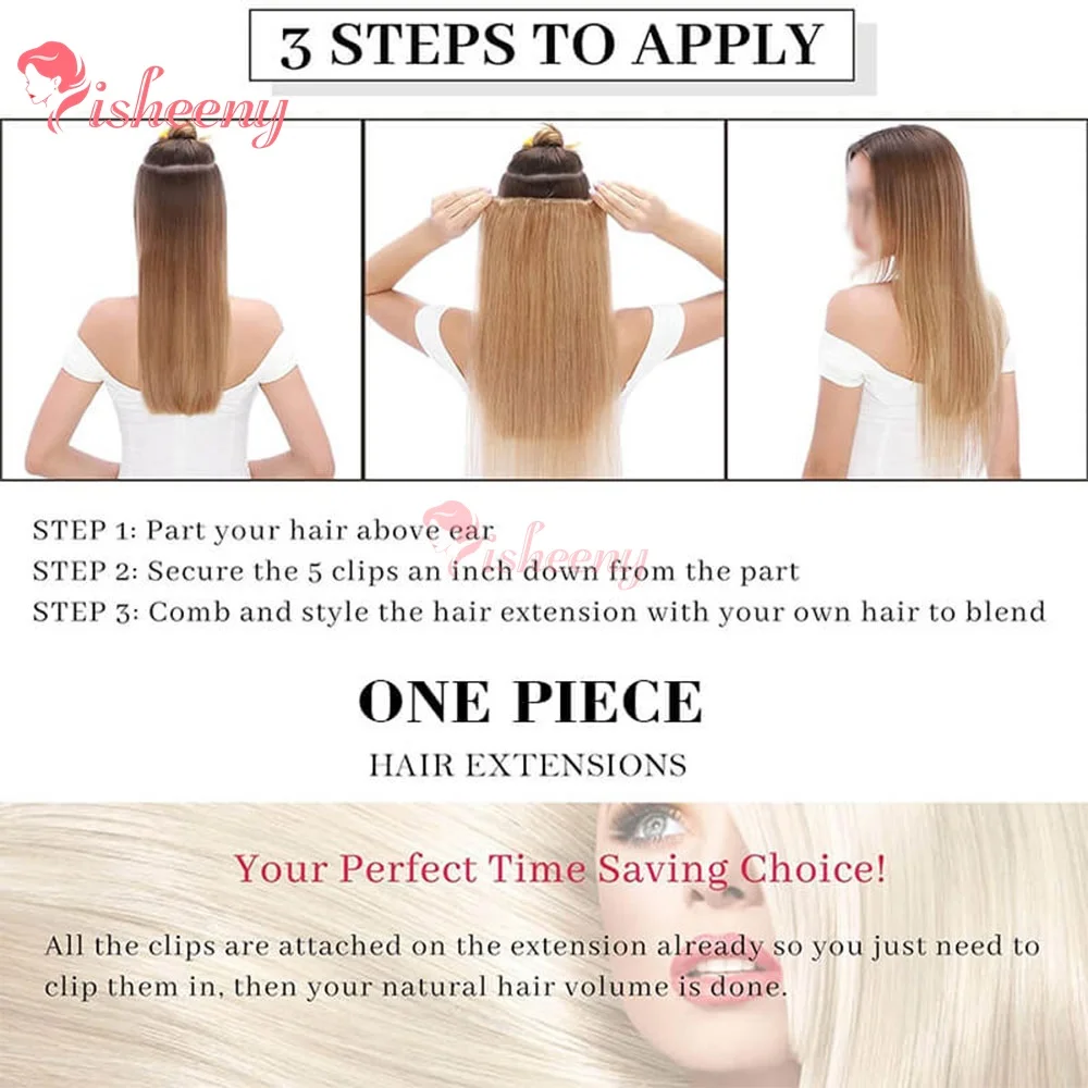 연한 금발 스트레이트 클립인 헤어 익스텐션 14인치-22인치 인모 3/4 풀 헤드 원피스 5클립 인모 익스텐션