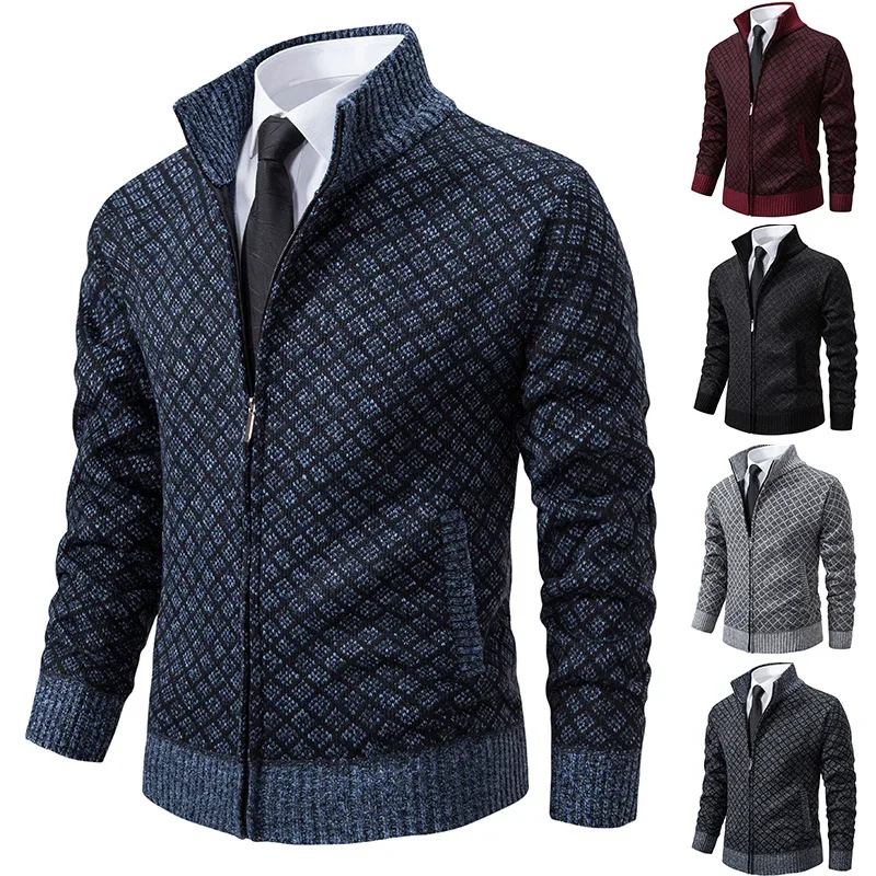 Men's Plush Jacket Autumn and Winter Thick Insulation Standing Neck Zipper Plaid Casual Jacket Fleece Knitted Sweater Cardigan