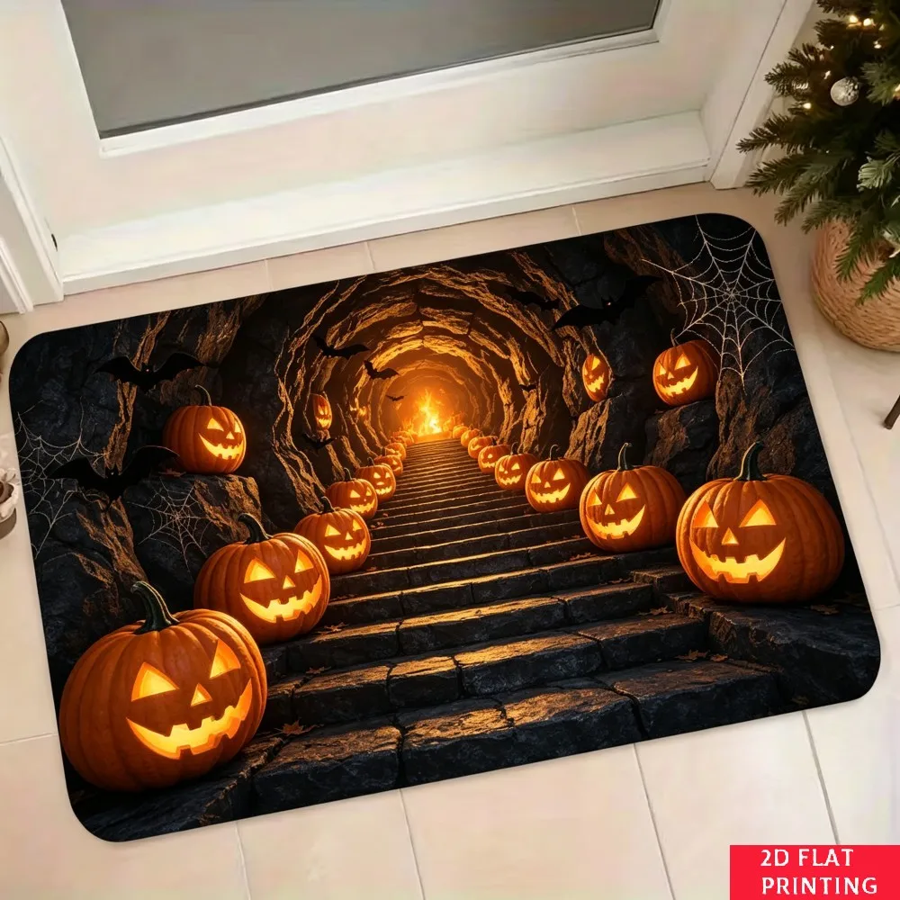 Crystal Cave Stairway Fantasy Door Mat Green Glow Gemstone Print Non Slip Washable Carpet For Mystical Home Entrance Decoration