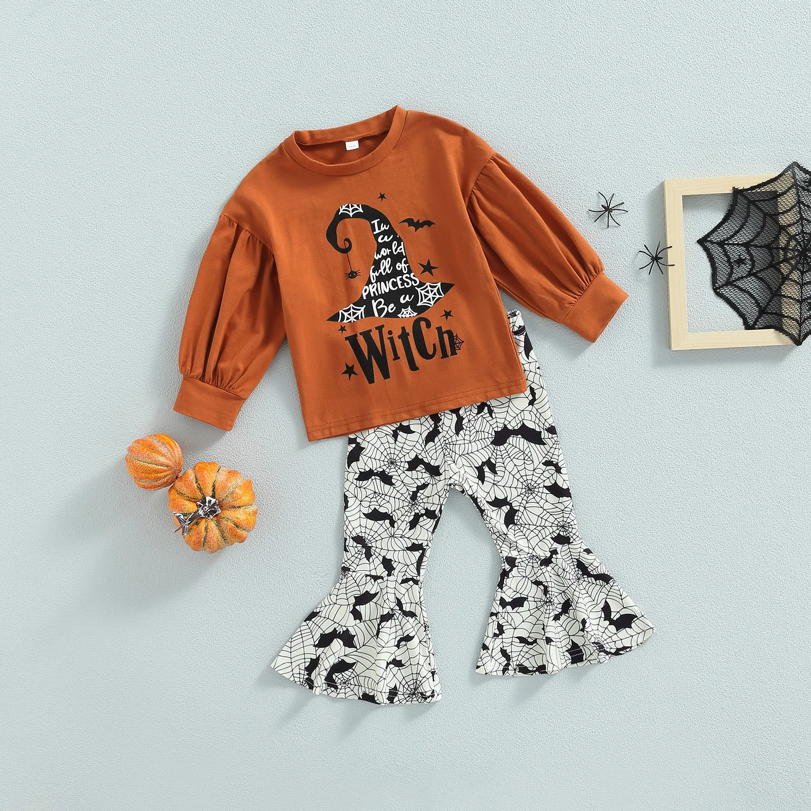 2022-06-23 Lioraitiin 0-6Years Toddler Girl Halloween Clothes Set Long Sleeve Letter Witch Hat Print Bat Spider Web Flare Pants