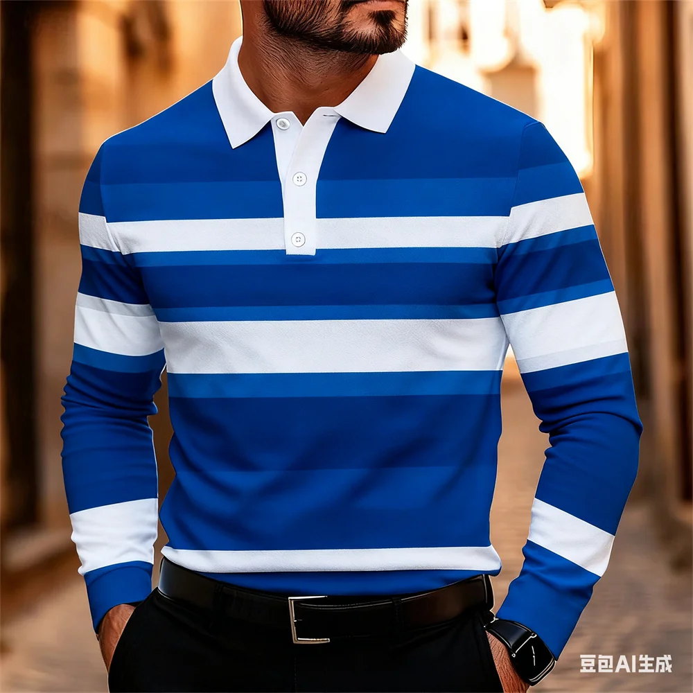 

Fashion Stripe Long Sleeve Polo Shirts For Men Autumn Winter Casual Button Lapel Pullover Outdoor Street Business Style Clothing
