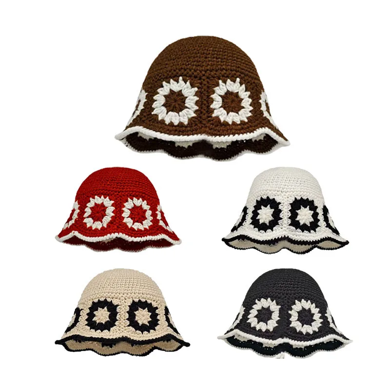 

Women's Bucket Hats New Korean Flowers Kawaii Sweet Cute Handmade Knitted Bucket Hats Hollow Breathable Sunshade Hats For Girl