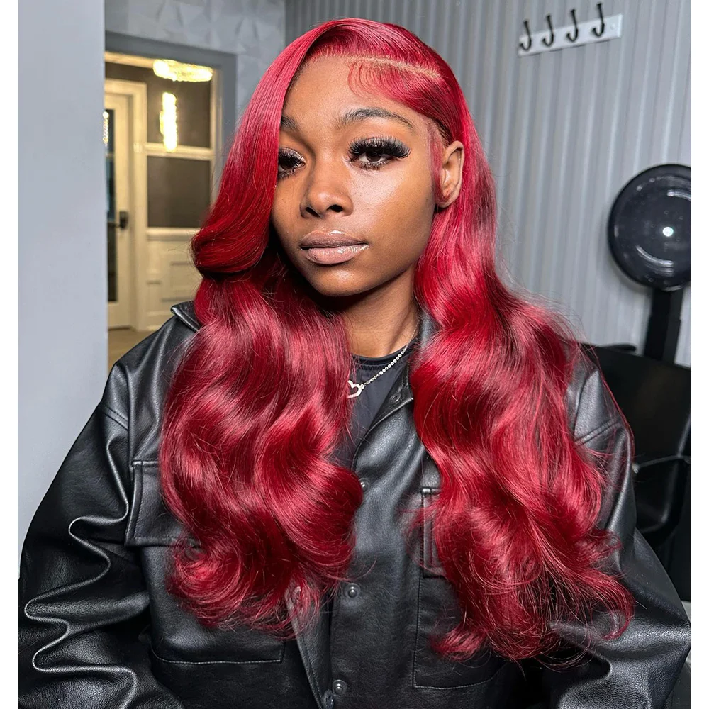 Linhua Hair Cherry Red Colored 12A Body Wave 13x4 Transparent Lace Wigs Remy 13x6 Lace Frontal Wig Preplucked 5x5 Lace Wig